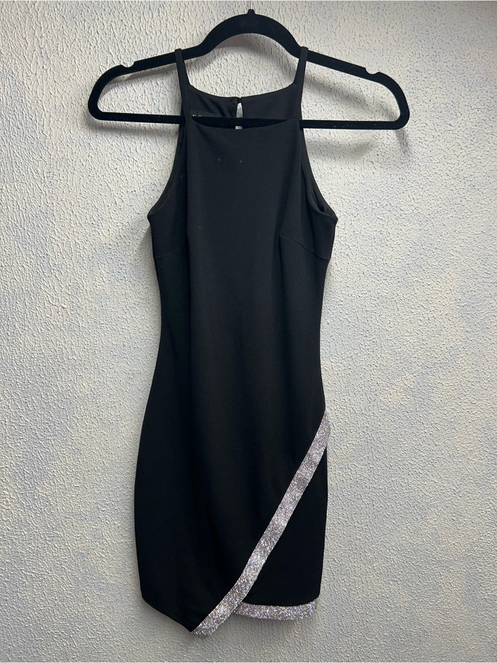 BCX Black Halter Mini Dress with Silver Sequin Trim